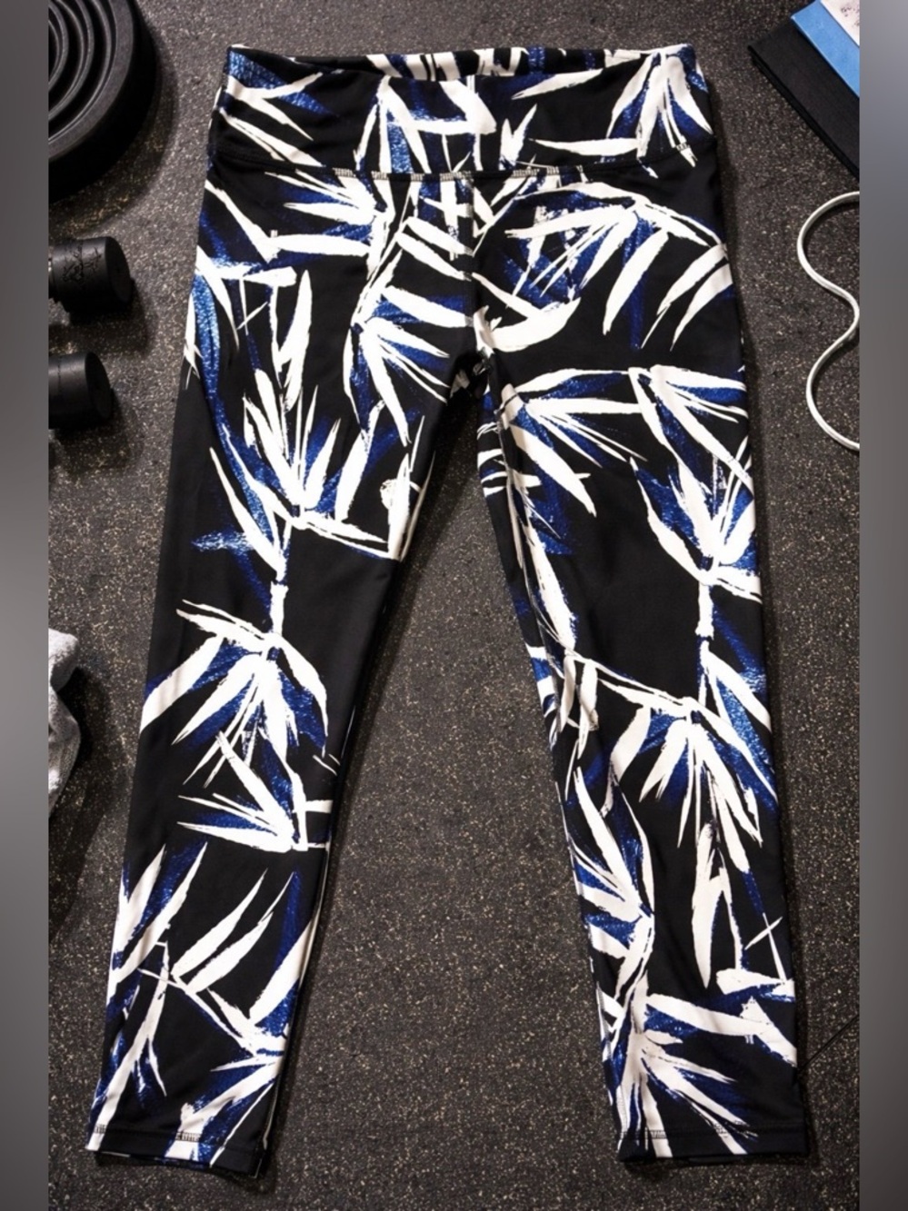 Black Athletic Pants with White & Blue Leaf Print Approximate Small